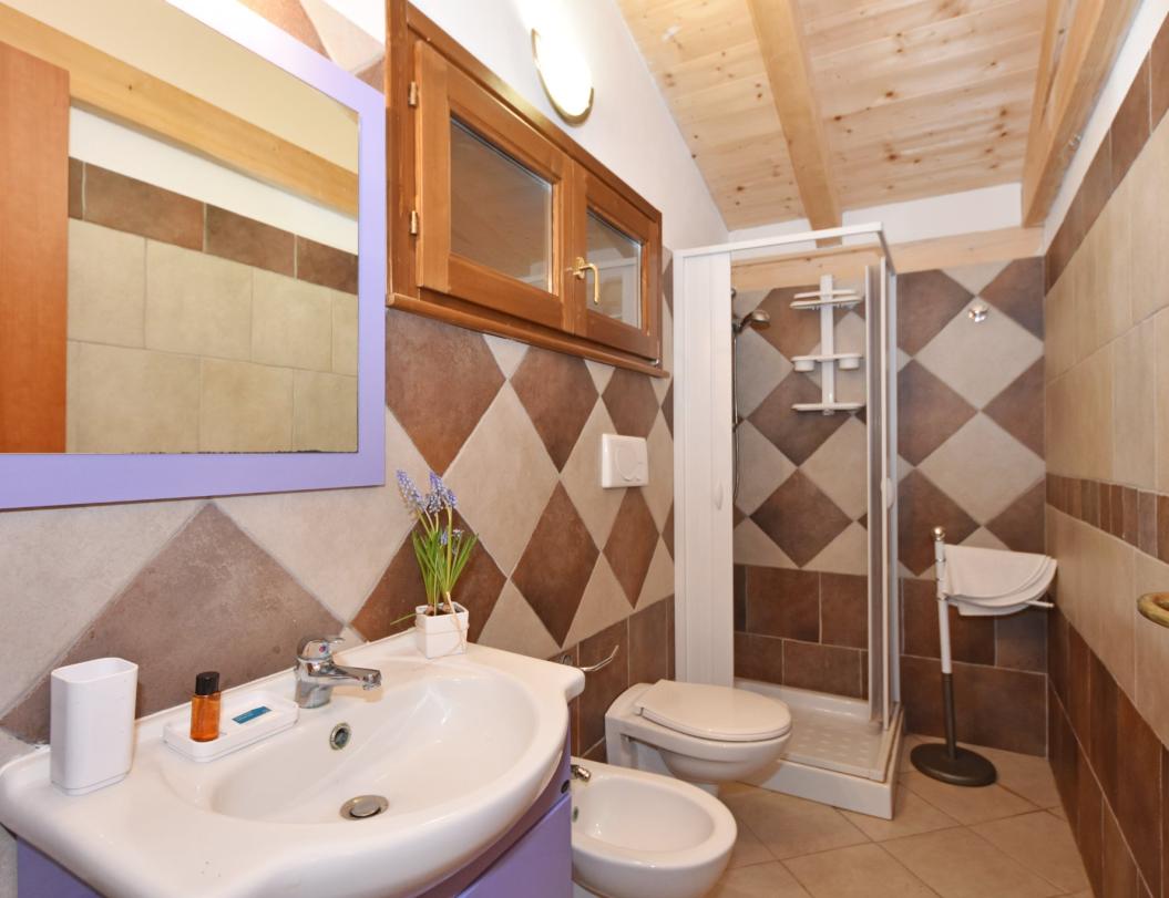 Bagno accogliente con doccia, lavabo, bidet e specchio grande.